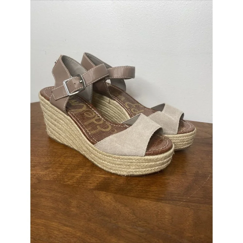 Sam Edleman Wedge Espadrilles Women Shoes 9.5 Heels Leather Tan Strappy